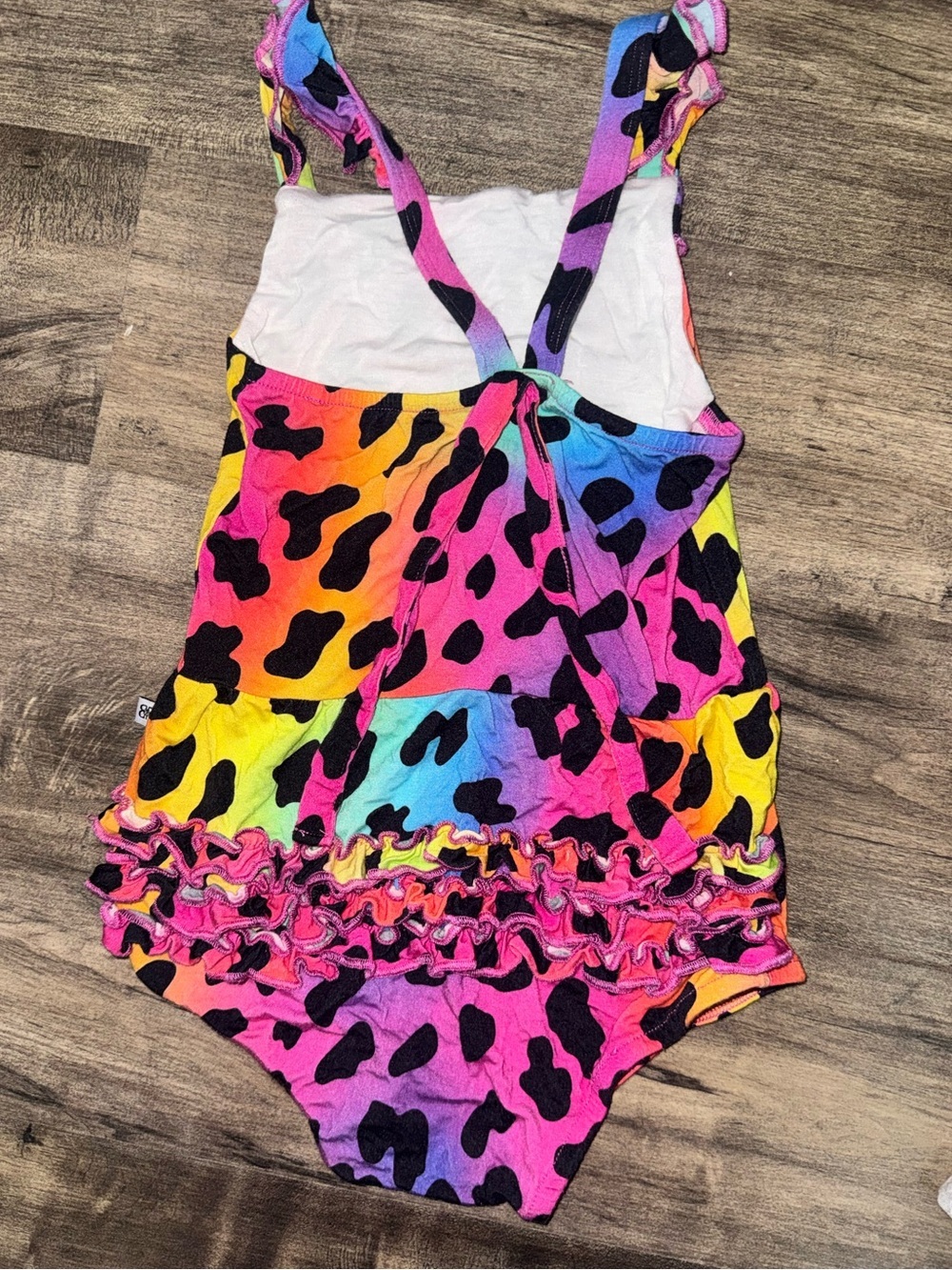 Bums & Roses Bamboo Ruffle Butt Romper Rainbow Leopard 2T